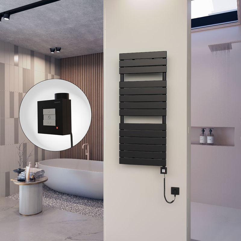 10H Sèche Serviettes Electrique 500x1180 Noir mat Ktx1 600 Watt Câble en spirale