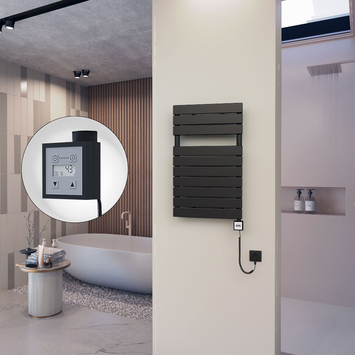 - 10H Sèche Serviettes Electrique 500x810 Noir mat Ktx3 600 Watt Câble en spirale  - 10H Sèche Serviettes Electrique 500x810 Noir mat Ktx3 600 Watt Câble en spirale