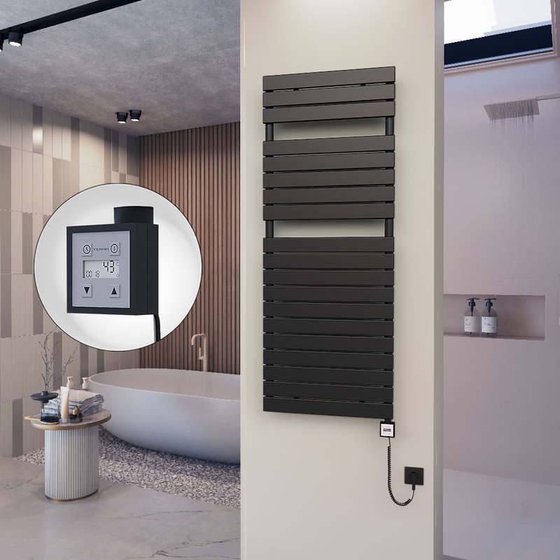 10H Sèche Serviettes Electrique 600x1550 Noir mat Ktx3 1000 Watt Câble en spirale