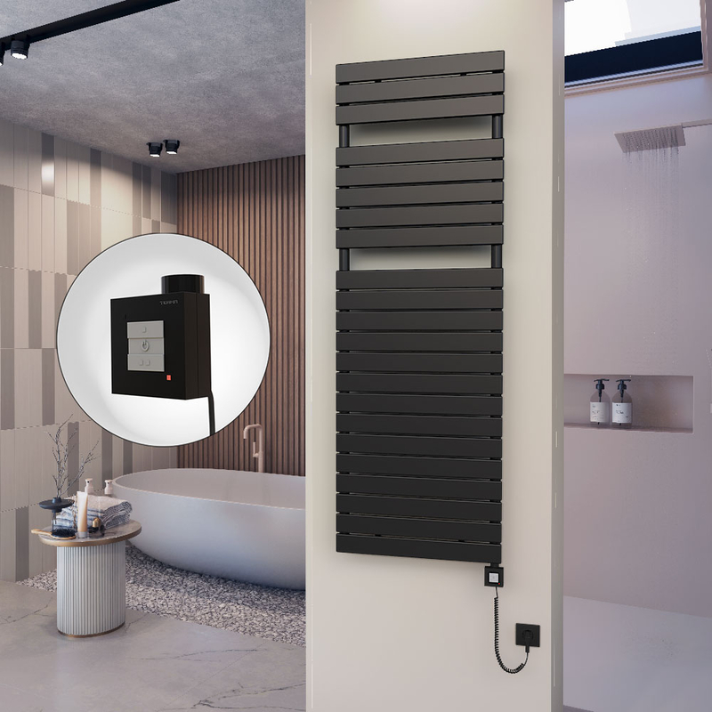 10H Sèche Serviettes Electrique 600x1772 Noir mat Ktx1 1000 Watt Câble en spirale