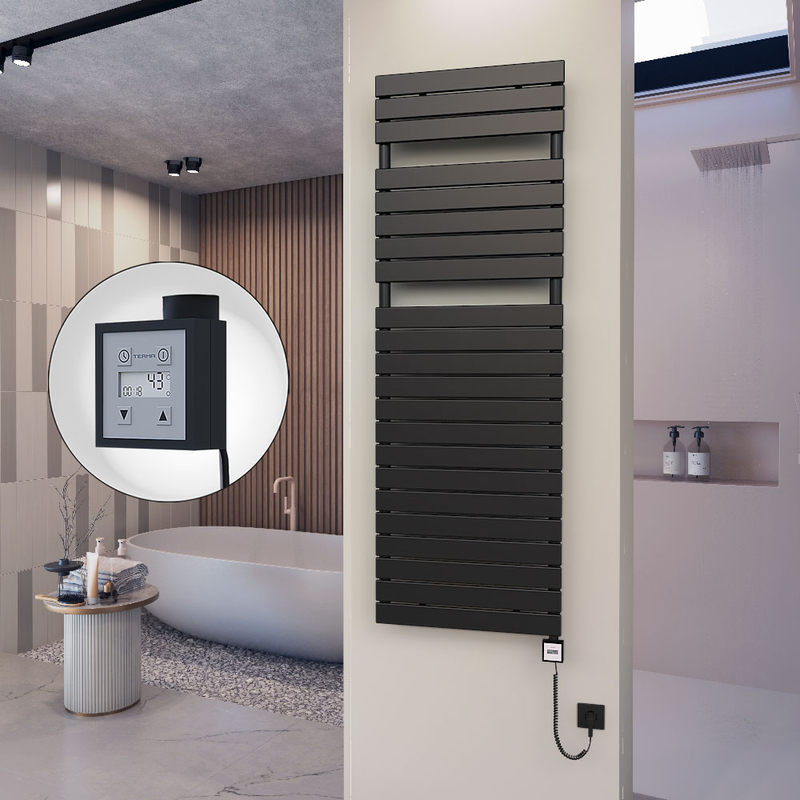 10H Sèche Serviettes Electrique 600x1772 Noir mat Ktx3 1000 Watt Câble en spirale