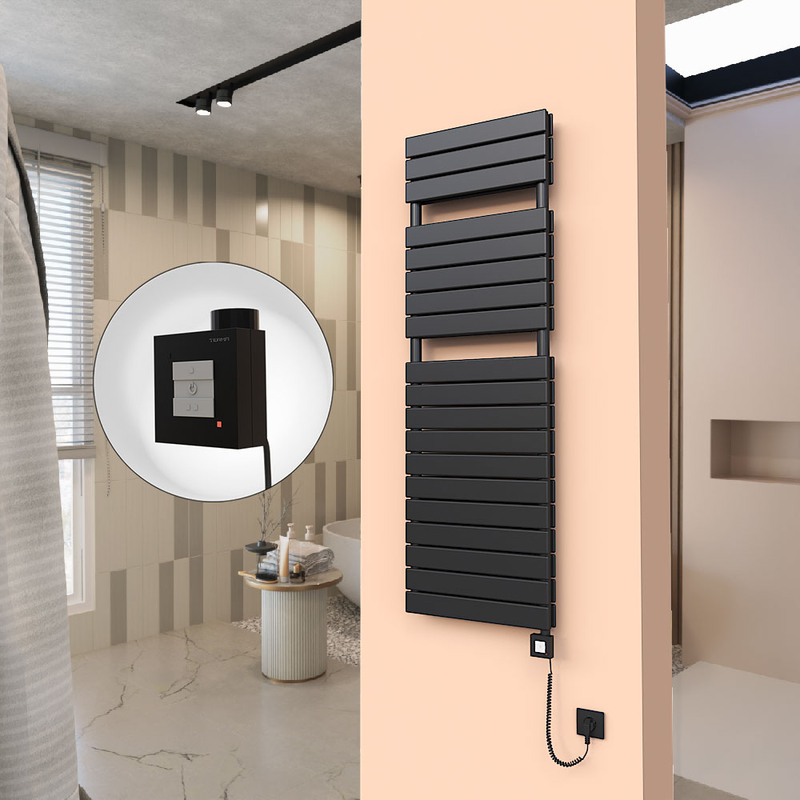 20H Sèche Serviettes Electrique 500x1550 Noir mat Ktx1 1000 Watt Câble en spirale