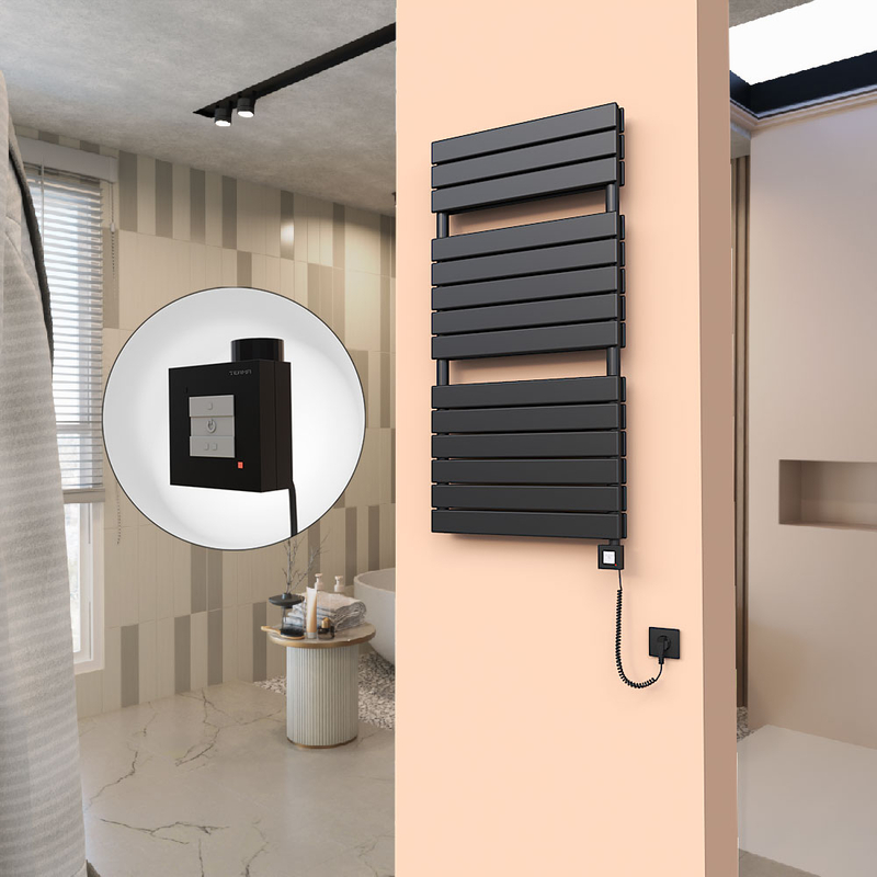 20H Sèche Serviettes Electrique 600x1180 Noir mat Ktx1 1000 Watt Câble en spirale