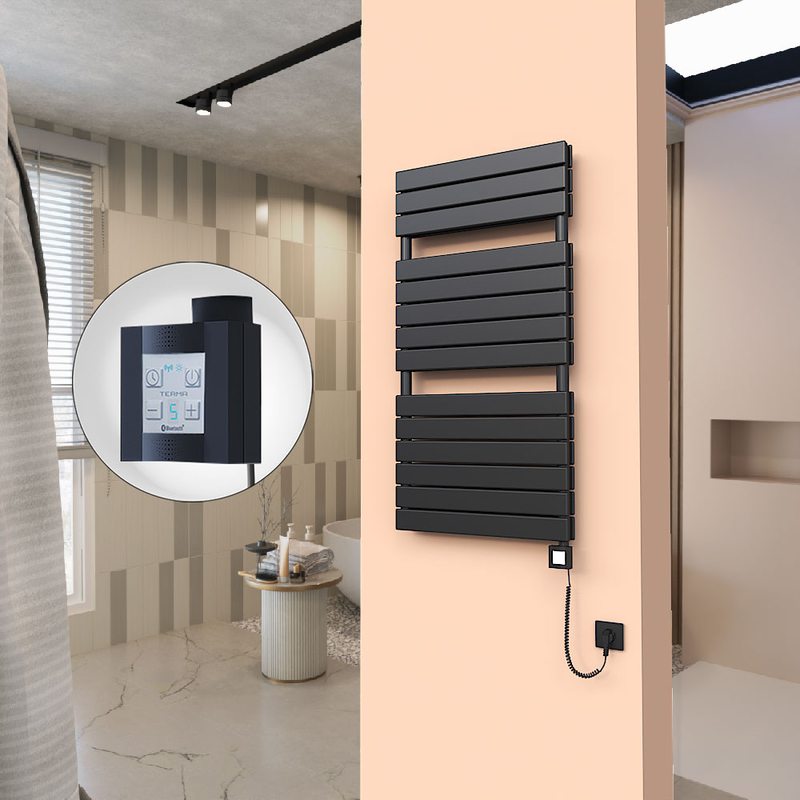 20H Sèche Serviettes Electrique 600x1180 Noir mat Ktx4 1000 Watt Câble en spirale