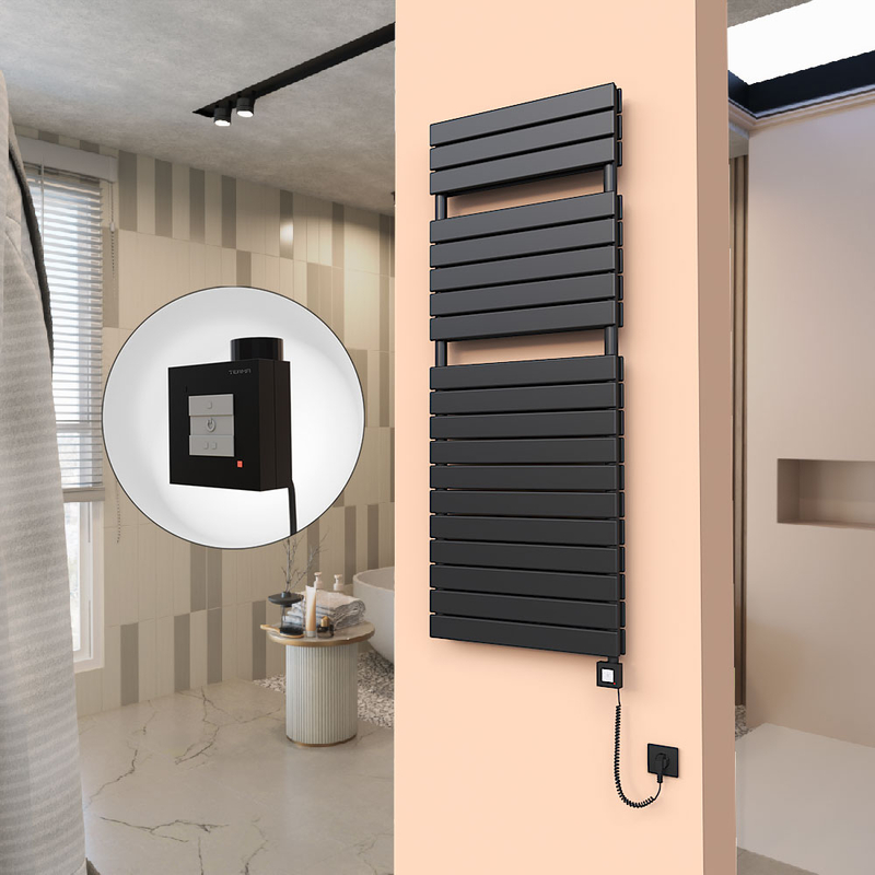 20H Sèche Serviettes Electrique 600x1550 Noir mat Ktx1 1000 Watt Câble en spirale