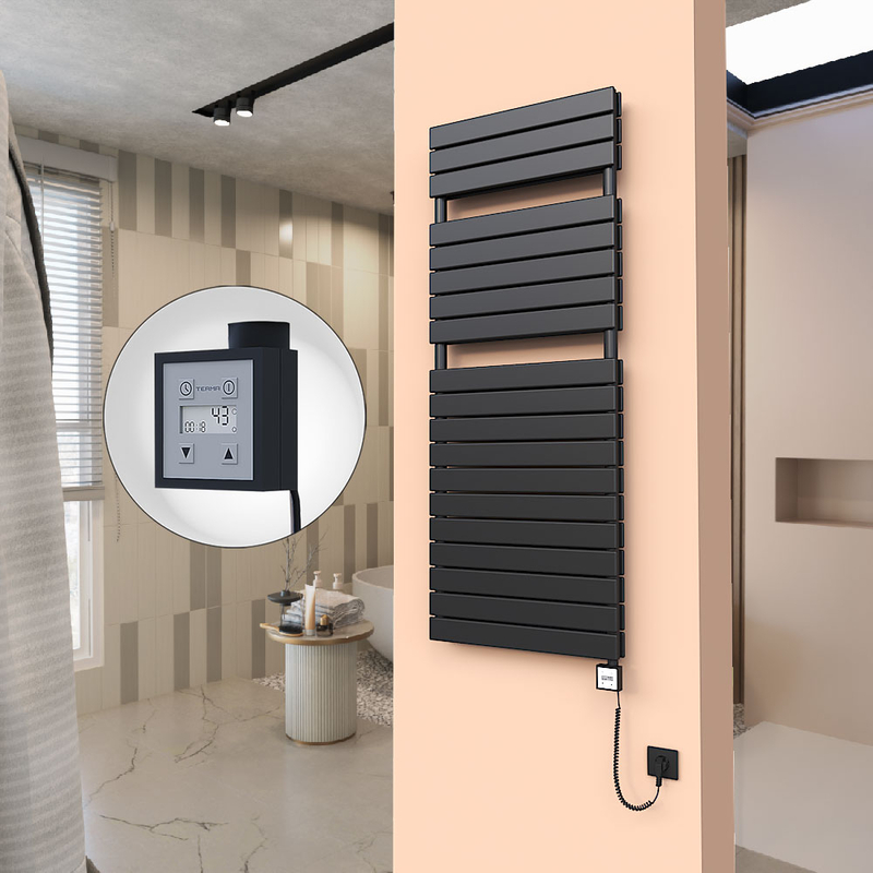 20H Sèche Serviettes Electrique 600x1550 Noir mat Ktx3 1000 Watt Câble en spirale