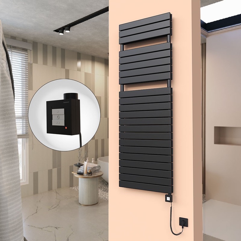 20H Sèche Serviettes Electrique 600x1772 Noir mat Ktx1 1000 Watt Câble en spirale