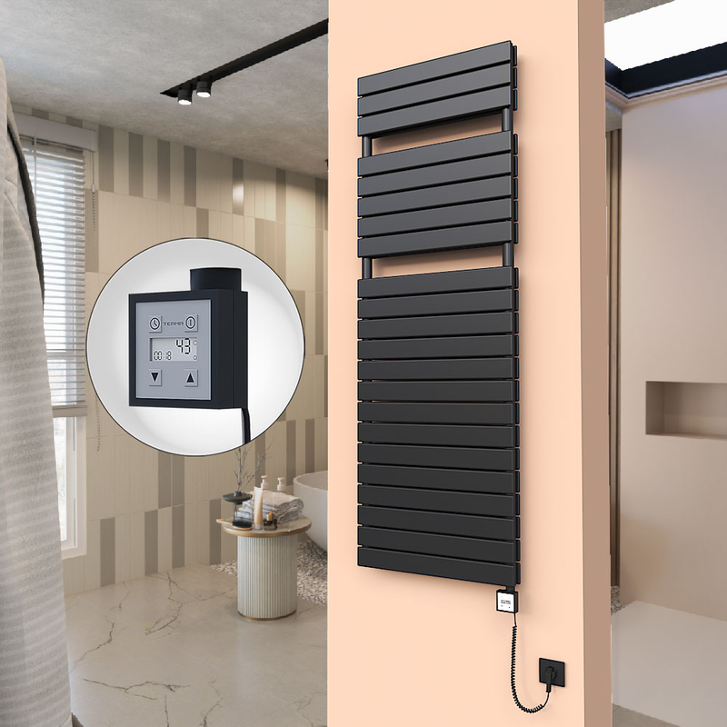 20H Electric Towel Warmer 600x1772 Matte Black Ktx3 1000 W (Spiral Cable)