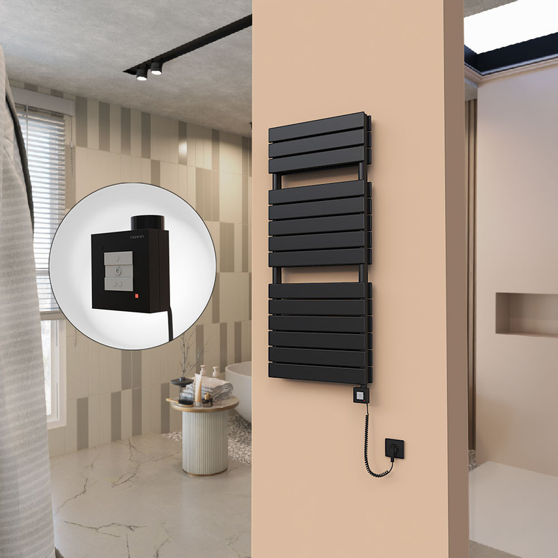 21H Sèche Serviettes Electrique 500x1180 Noir mat Ktx1 1000 Watt Câble en spirale