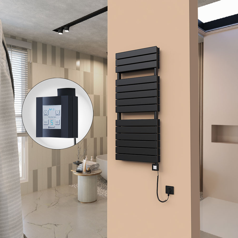 21H Sèche Serviettes Electrique 500x1180 Noir mat Ktx4 1000 Watt Câble en spirale