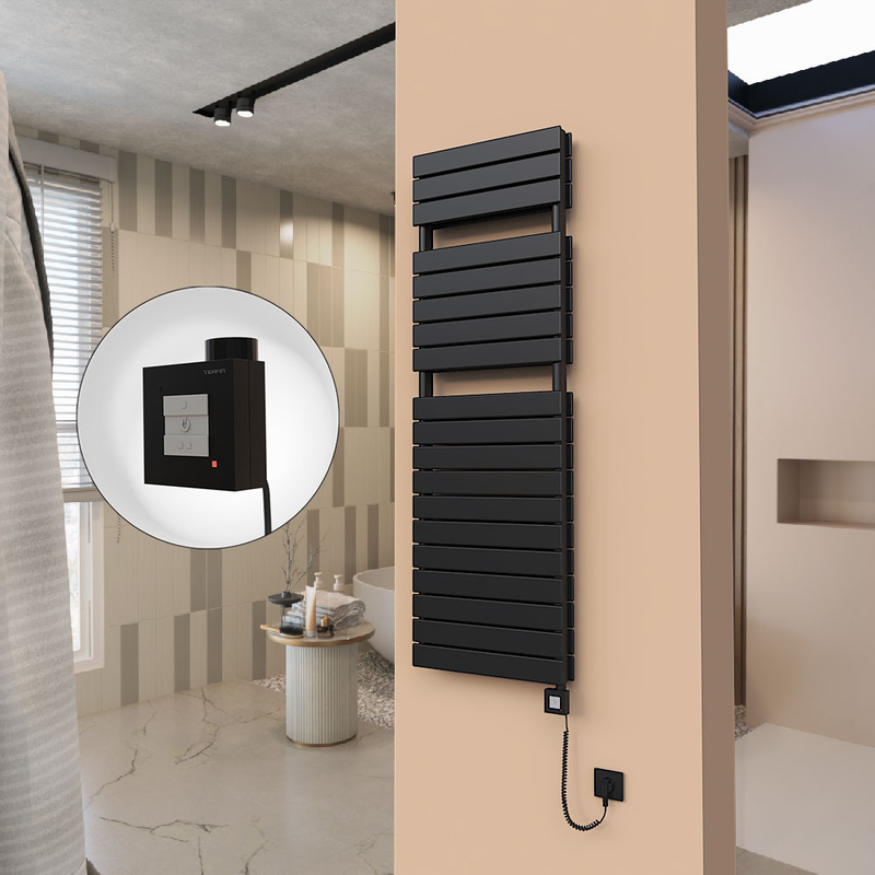 21H Sèche Serviettes Electrique 500x1550 Noir mat Ktx1 1000 Watt Câble en spirale