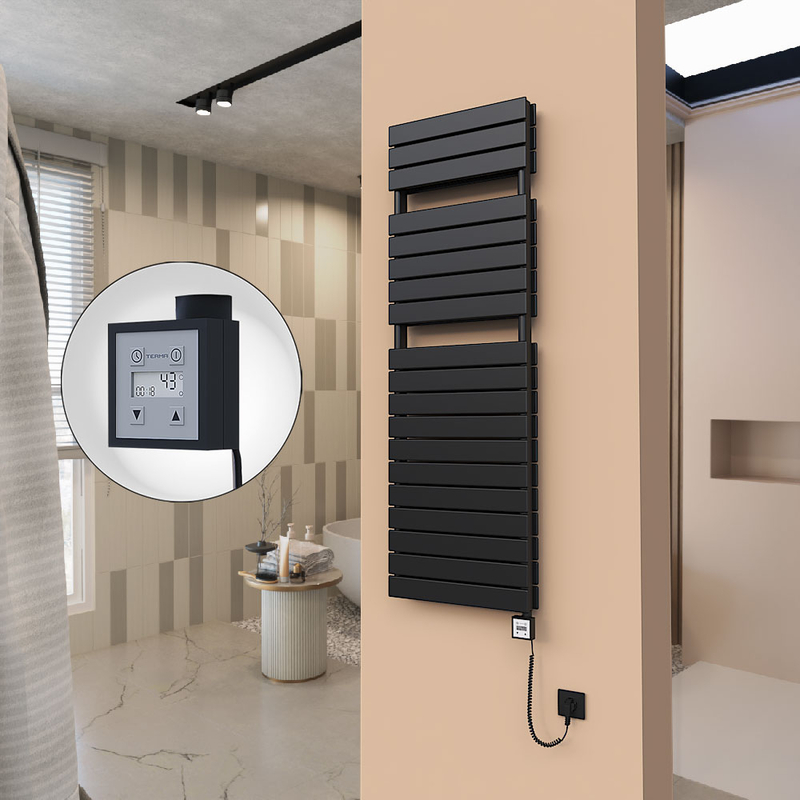 21H Sèche Serviettes Electrique 500x1550 Noir mat Ktx3 1000 Watt Câble en spirale