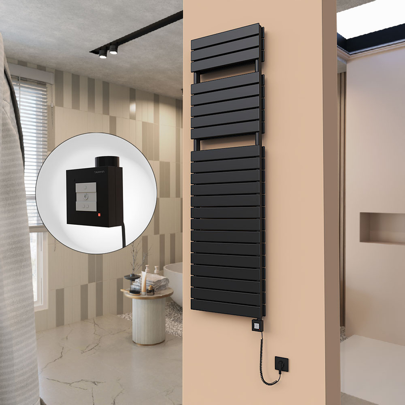 21H Sèche Serviettes Electrique 500x1772 Noir mat Ktx1 1000 Watt Câble en spirale