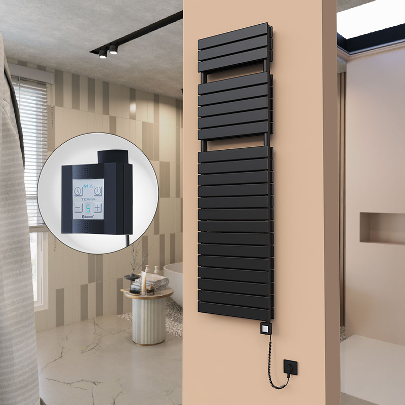 21H Sèche Serviettes Electrique 500x1772 Noir mat Ktx4 1000 Watt Câble en spirale