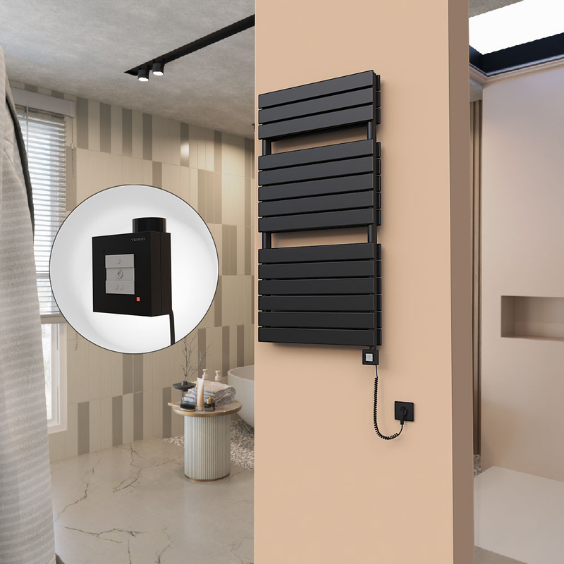 21H Sèche Serviettes Electrique 600x1180 Noir mat Ktx1 1000 Watt Câble en spirale