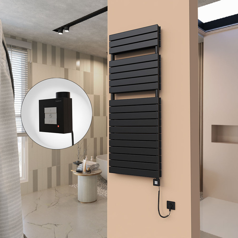 21H Sèche Serviettes Electrique 600x1550 Noir mat Ktx1 1000 Watt Câble en spirale