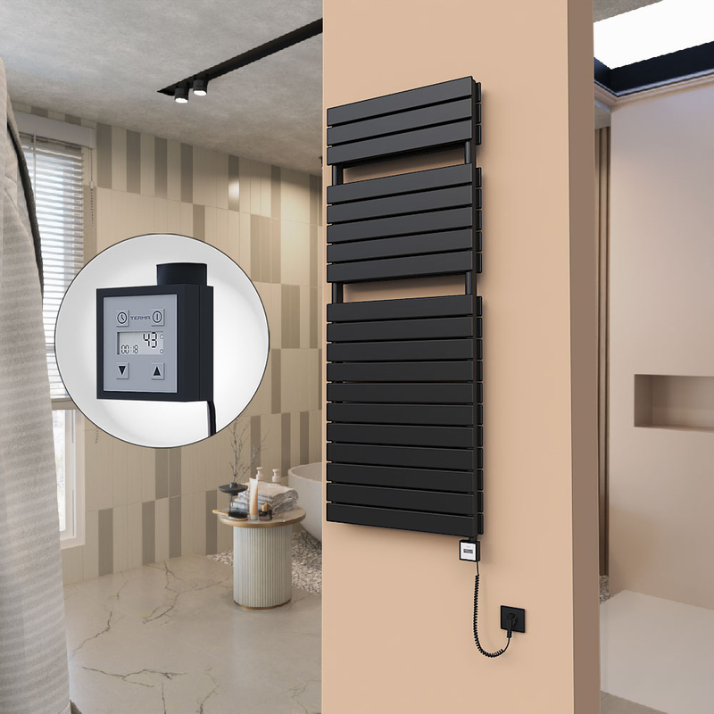 21H Sèche Serviettes Electrique 600x1550 Noir mat Ktx3 1000 Watt Câble en spirale