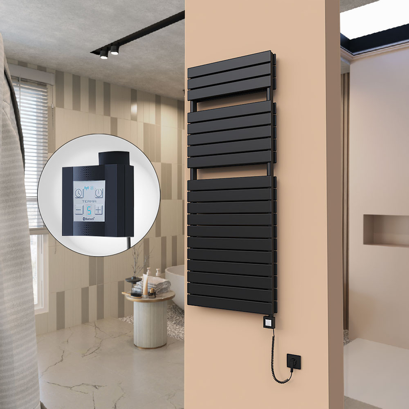21H Sèche Serviettes Electrique 600x1550 Noir mat Ktx4 1000 Watt Câble en spirale