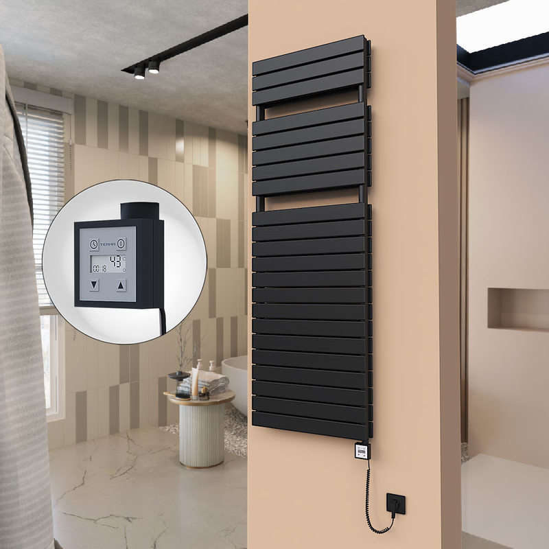 21H Sèche Serviettes Electrique 600x1772 Noir mat Ktx3 1000 Watt Câble en spirale