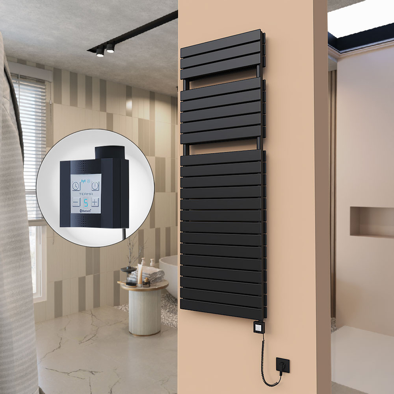 21H Electric Towel Warmer 600x1772 Matte Black Ktx4 1000 W (Spiral Cable)