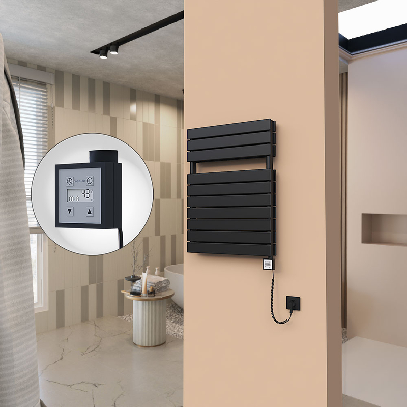 21H Sèche Serviettes Electrique 600x810 Noir mat Ktx3 1000 Watt Câble en spirale