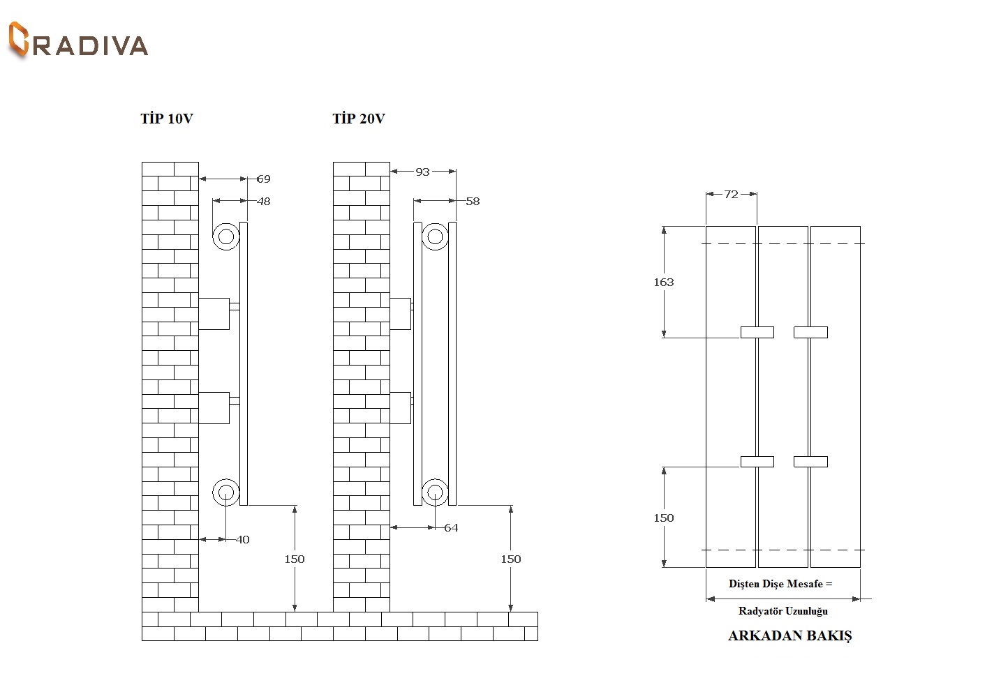 Çelik Dekoratif Radyatör Dikey Modeller Teknik Resim