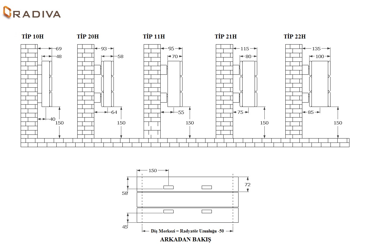 Çelik Dekoratif Radyatör Yatay Modeller Teknik Resim