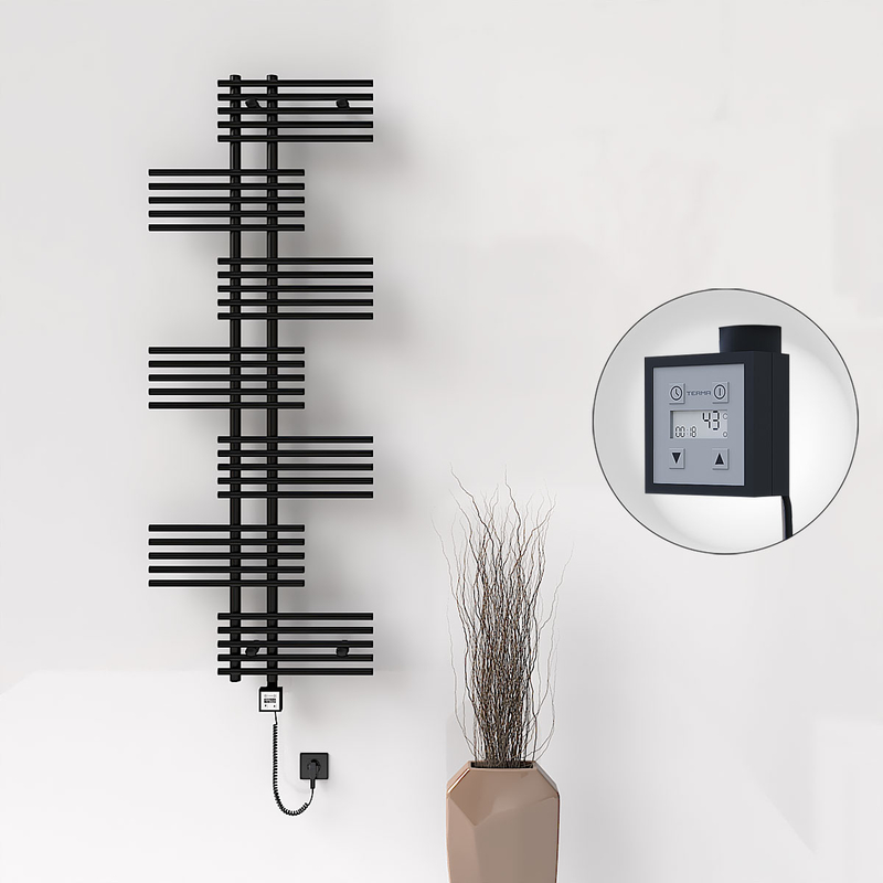 FIJI Electric Towel Warmer 650x1762 Black Matt (KTX3 Thermostat) 1000W Spiral Cable