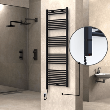 Radiva - Haiti Electric Towel Warmer 600x1800 Flat Black Matt (OneD On/Off ) Left 1000 Watt