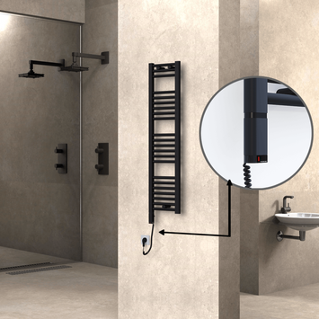 Radiva - Haiti Electric Towel Warmer 300x1200 Flat Black Matt (OneD On/Off ) Left 300 Watt