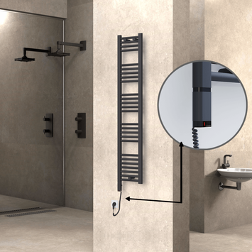 Radiva - Haiti Electric Towel Warmer 300x1500 Flat Anthracite Textured (OneD On/Off ) Left 300 Watt