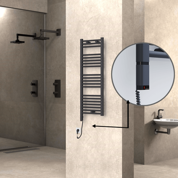 Radiva - Haiti Electric Towel Warmer 400x1100 Flat Anthracite Textured (OneD On/Off ) Left 300 Watt