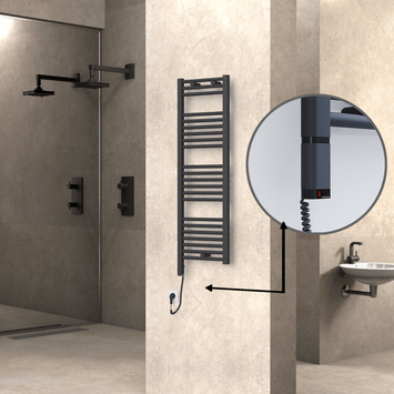 Radiva - Haiti Electric Towel Warmer 400x1200 Flat Anthracite Textured (OneD On/Off ) Left 300 Watt