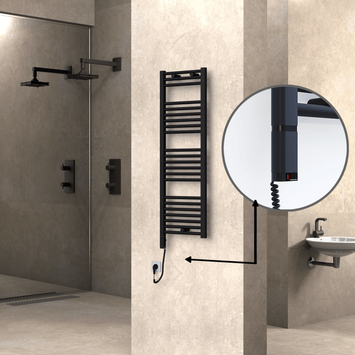 Radiva - Haiti Electric Towel Warmer 400x1200 Flat Black Matt (OneD On/Off ) Left 300 Watt