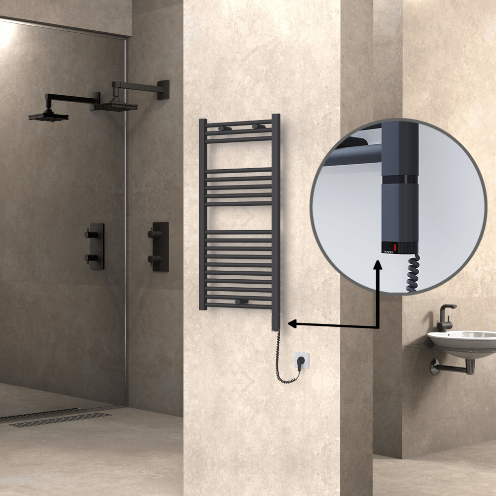 Haiti Electric Towel Warmer 300 Watt 500x1000 Flat Anthracite OneD On Off Right RADIVA 90 216 469 84 564