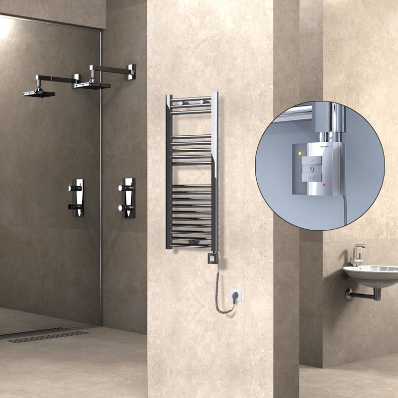 Haiti Electric Towel Warmer 400x1000 Flat Chrome (KTX1 Thermostat) 200 Watt Spiral Cable