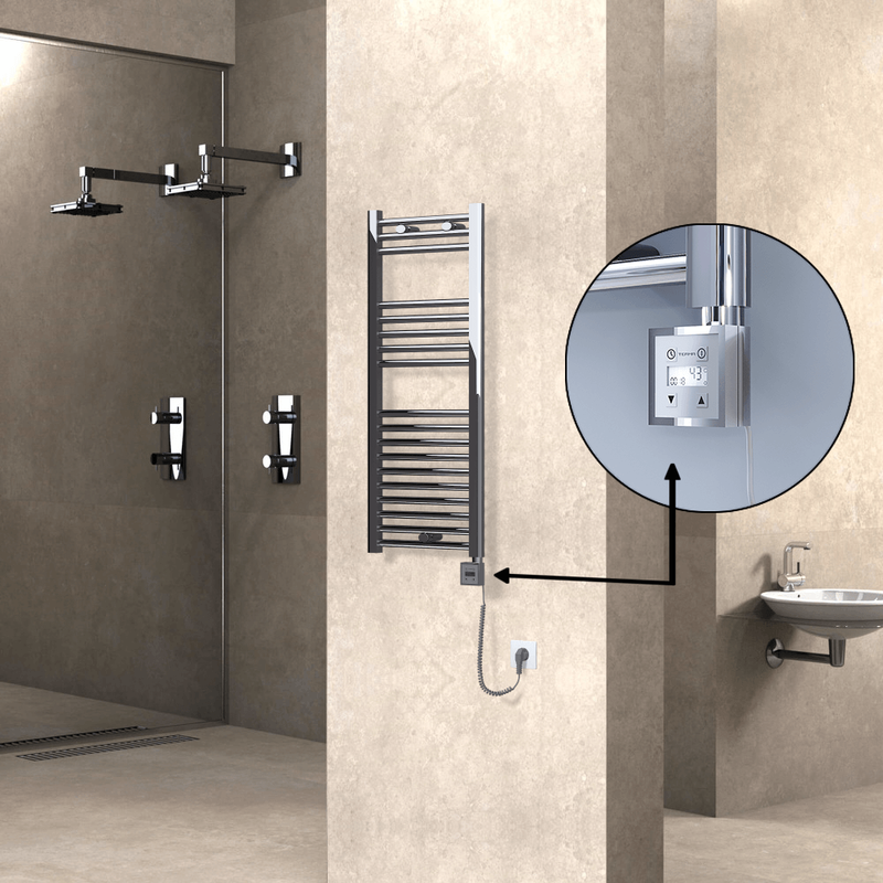 Haiti Electric Towel Warmer 400x1000 Flat Chrome (KTX3 Thermostat) 200 Watt Spiral Cable