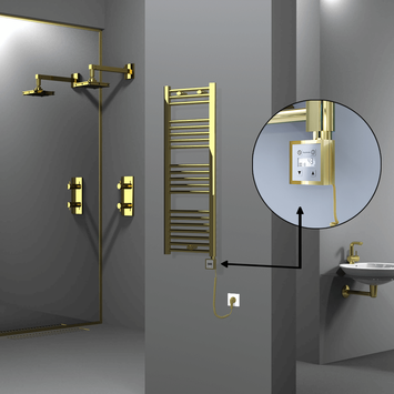 Radiva - Haiti Electric Towel Warmer 400x1100 Flat Gold (KTX3 Thermostat) 300 Watt Spiral Cable