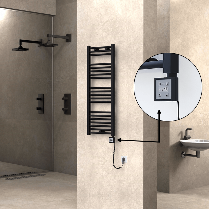 Haiti Electric Towel Warmer 400x1100 Flat Black Matt (KTX3 Thermostat) 600 Watt Spiral Cable