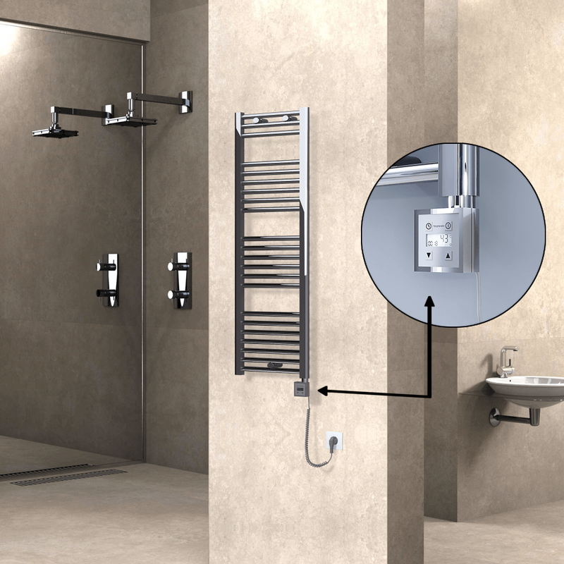 Haiti Electric Towel Warmer 400x1200 Flat Chrome (KTX3 Thermostat) 300 Watt Spiral Cable