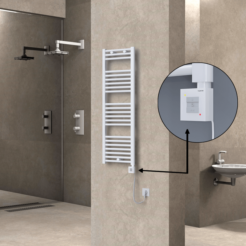 Haiti Electric Towel Warmer 400x1200 Flat White Gloss (KTX1 Thermostat) 600 Watt Spiral Cable