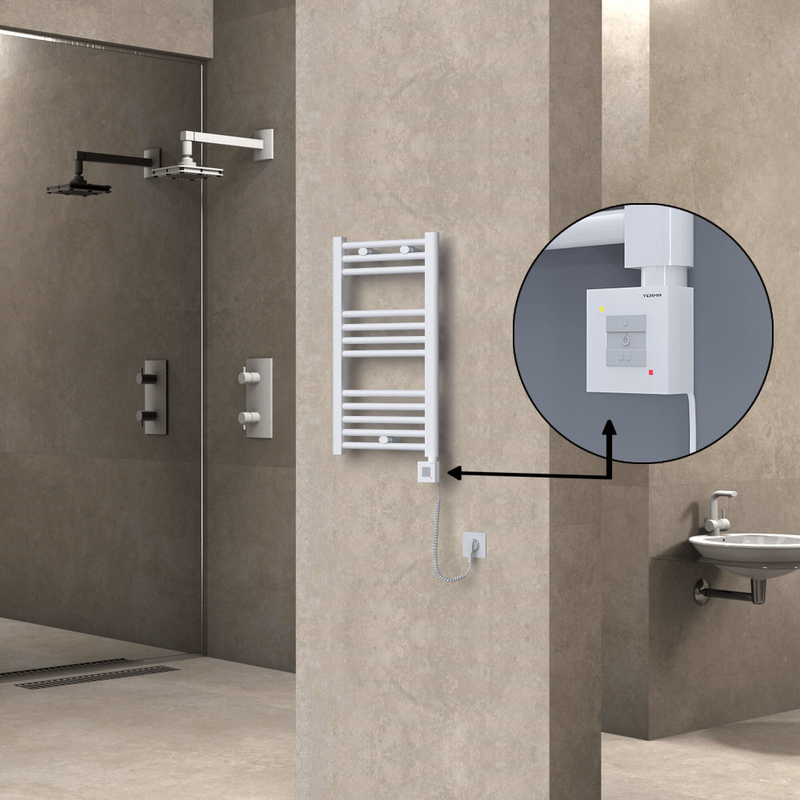 Haiti Electric Towel Warmer 400x700 Flat White Gloss (KTX1 Thermostat) 300 Watt Spiral Cable