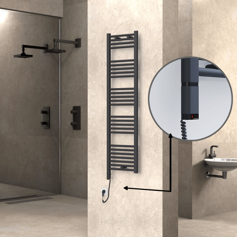 Haiti Electric Towel Warmer 400x1500 Flat Anthracite Textured (OneD On/Off ) Left 600 Watt