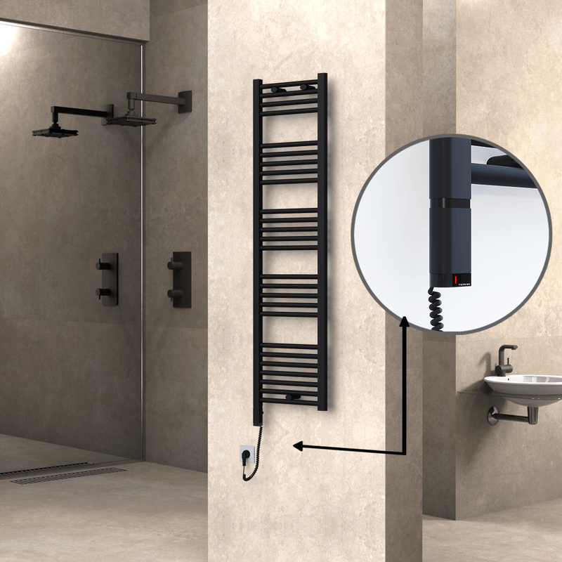 Haiti Electric Towel Warmer 400x1500 Flat Black Matt (OneD On/Off ) Left 600 Watt