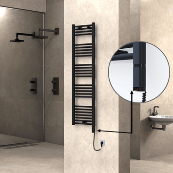 Radiva - Haiti Electric Towel Warmer 400x1500 Flat Black Matt (OneD On/Off ) Right 600 Watt