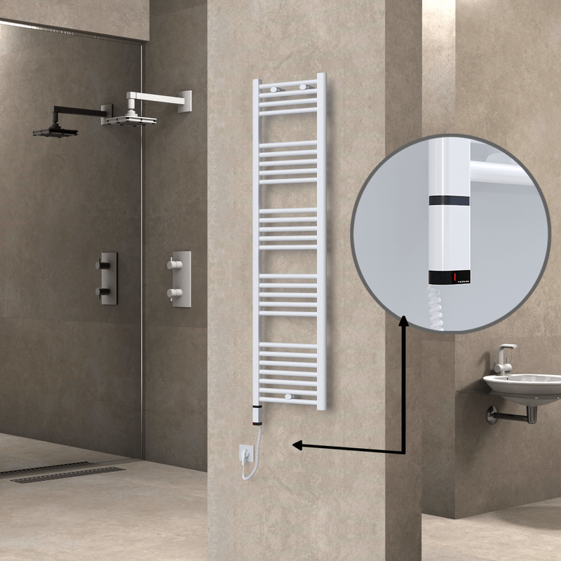 Haiti Electric Towel Warmer 400x1500 Flat White Gloss (OneD On/Off ) Left 600 Watt