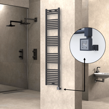 Radiva - Haiti Electric Towel Warmer 400x1800 Flat Anthracite Textured (KTX3 Thermostat) 600 Watt