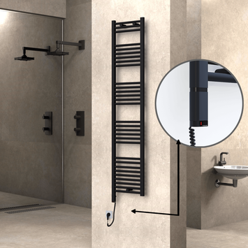 Radiva - Haiti Electric Towel Warmer 400x1800 Flat Black Matt (OneD On/Off ) Left 600 Watt