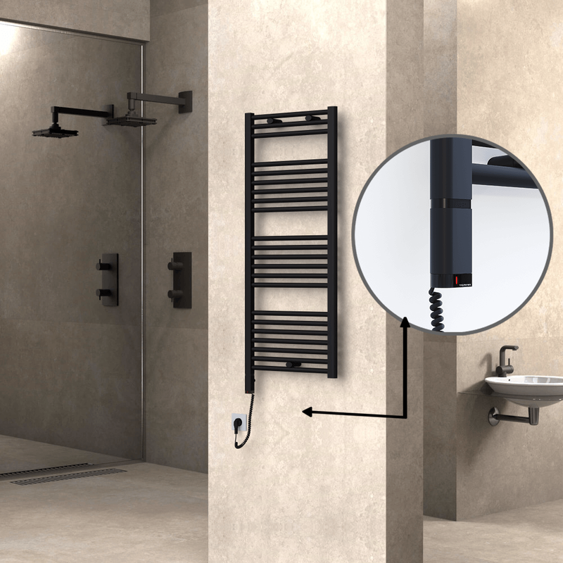 Haiti Electric Towel Warmer 500x1200 Flat Black Matt (OneD On/Off ) Left 600 Watt