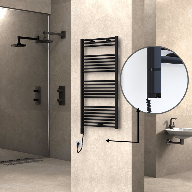 Haiti Electric Towel Warmer 600x1200 Flat Black Matt (OneD On/Off ) Left 600 Watt